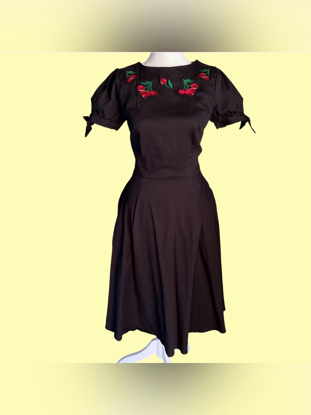 Collectif Black Midi Dress with Red Cherry Embroidery